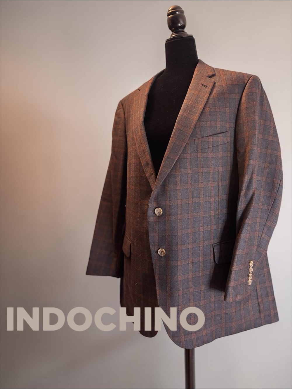 INDOCHINO Men’s 100% Wool Blazer | Size 46R | Brown & Blue Plaid Custom Tailored
